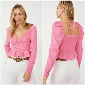 Free People Top Women's Size M‎ Pink Smocked Ruffled Hem Long Sleeve NWOT